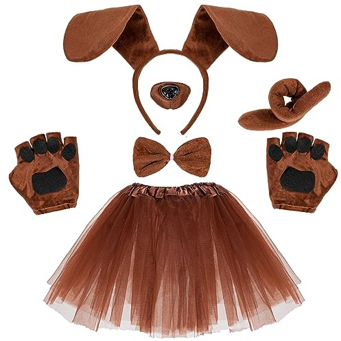 Hifot Costumi per Cagnolino per Bambini, Costumi Animali Fascia Gonna tutù con Orecchie Cane Naso Finto Coda Guanti Papillon,Bassotto Costume Halloween Carnevale