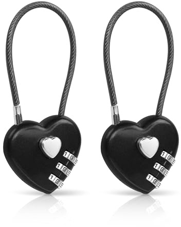 YAODHAOD 2-pack kombinationslås, 3-siffrigt hjärtformat hänglås för skola gym skåp lås, TSA-godkända kabel bagagelås, sportskåp, bagage, staket, ryggsäck, alla hjärtans dag-present (svart)