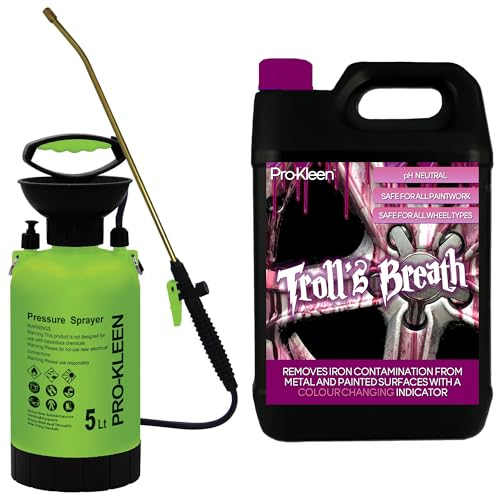 Pro-Kleen Troll’s Breath Iron Fallout Contamination Remover – Safe to use on all Wheel Types, Paintwork, Glass & Metal - pH Neutral with Colour Indicator with 5L Garden Pump Sprayer