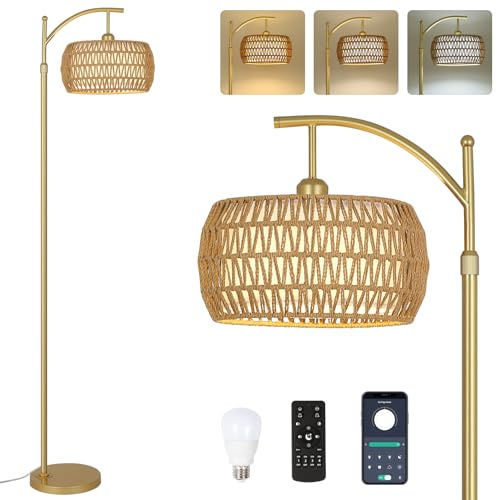 Rayofly Rattan Floor Lamp with Remote Control, Gold Floor Lamp with Dimmable LED Bulb & Foot Switch, Boho Standing Lamp with Double Shades, Modern Floor Lamp for Living Room, Tall Lamp for Bedroom