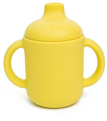 Silikon sippy kopp | 150 ml | 100 % giftfri silikon av livsmedelskvalitet | BPA- och PVC-fri | Dubbelt handtag | Läckagesäkert lock | Babyavvänjningskopp för varma och kalla drycker (gul)