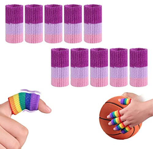Finger Sleeves Protectors, 10 Pcs Finger Compression Sleeves Support Thumb Brace Finger Splint Sleeve, Elastic Sports Finger Sleeves for Trigger Finger, Knuckle, Arthritis, Basketball (Purple pink)