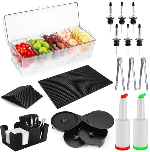 Bartending Supplies - 18 x 12 Bar Mat Garnish Tray with Lid Bar Caddy 3 Tier Bar Glass Rimmer, 2 Plastic Juice Pour Bottles 3 Mini Tongs 12 Classic Liquor Bottle Pourers 500 Cocktail Straws(Clear)