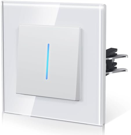 BSEED Interruttore della luce in vetro, interruttore da incasso con artigli, interruttore con luce di fondo, facile montaggio, serie E, 1 scomparto a 2 vie, 86 mm, bianco