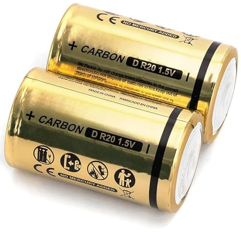 Pila de Carbono-Zinc R20 D 1.5V 2 Unidades, Ideal para Dispositivos electrónicos y Juguetes Que requieren alimentación de Baja Demanda.