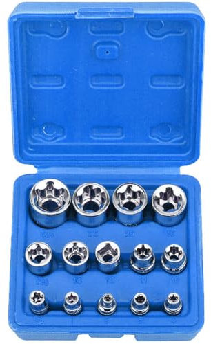 Juego de llaves de vaso Torx de 14 piezas, 1/2, 1/4, 3/8, exterior Torx E E4, E5, E6, E7, E8, E10, E11, E12, E14, E16, E18, E20, E22, E24 con caja de almacenamiento (azul)
