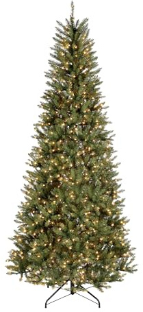 National Tree Company 9 ft Pre-lit Artificial Christmas Tree, Dunhill Fir, 800 Clear Lights, 2,100 Tips, Slim Profile, Includes Stand, Green
