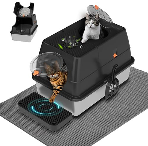 Citylife Katzenklo Edelstahl mit Deckel, XL Extra Großes Katzentoilette Edelstahl mit Schaufel, 120-Grad-Klappe, Leicht zu Reinigen, Geruchshemmend, Schwarz