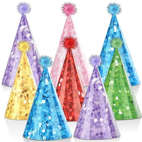 24PCS Glitter Cone Hats Colorful Birthday Party Hat with Pompoms Glitter Cone Paper Hat Colorful Paper Headwear for Kids and Adults Celebration Birthday Baby Shower Bridal Shower Decoration 7.8 x 5