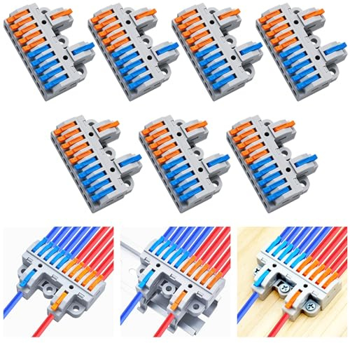 CESFONJER 2-in-10-out Terminal Block Kit (7 Pack), Lever Wire Connectors for Extensive Splicing, Dual Input to Ten Output, DIN Rail & Screw Mount, 28-12AWG, Hardware Included