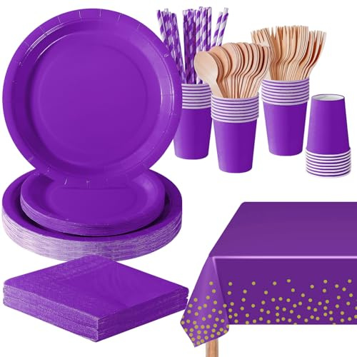 PYAILI 169 Piezas Morado Oscuro Vajilla Fiesta Cumpleaños, Platos y Vaso Cumpleaños Infantil, Set de Party Decoración Platos Servilletas para Navidad, Barbacoas, Fiestas -24 Invitado