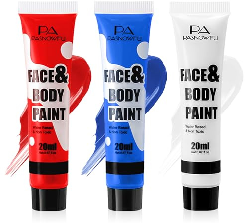 PASNOWFU Red White Blue Face Paint - Professional Water-Based Non-Toxic Face Body Painting Kit for Devil Clown Makeup,American Flag Color Body Paint for Halloween Cosplay Costume, Sports Event