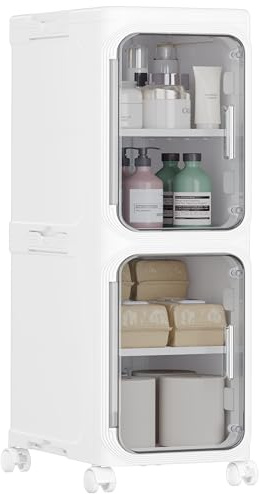 Bathroom Storage, 2 Tier Narrow Bathroom Cabinet with Wheels, Clear Smoke