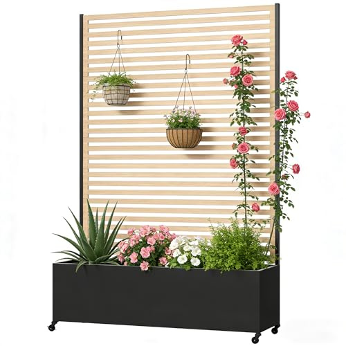 BIXUYOU Jardinera metálica para Exterior con Enrejado, bancal Elevado de Metal con Ruedas, Jardinera Independiente con privacidad para Flores y Verduras en jardín, Patio y balcón.