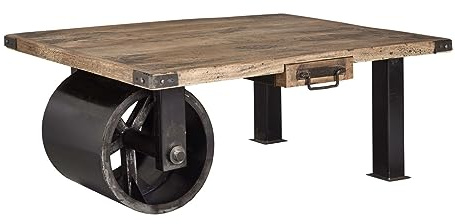 MASSIVMOEBEL24.DE | Railway Couchtisch aus Massivholz #105 - Natur | aus Mangoholz | 80x110x43cm | 2 Beine + Walze aus Eisen | Kaffeetisch Beistelltisch Sofatisch