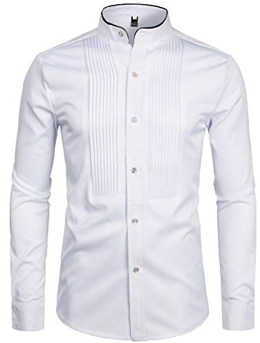 ZEROYAA Mens Hipster Slim Fit Long Sleeve Tuxedo Dress Shirts Banded Collar with Black Piping ZZCL19 White Large