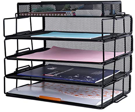 Exerz Organizador de Escritorio de Malla de Alambre, Paquete de 5 Piezas, clasificador de Papel apilable de 4 Niveles, Organizador de Accesorios, 4 Compartimentos/Multifuncional - Negro