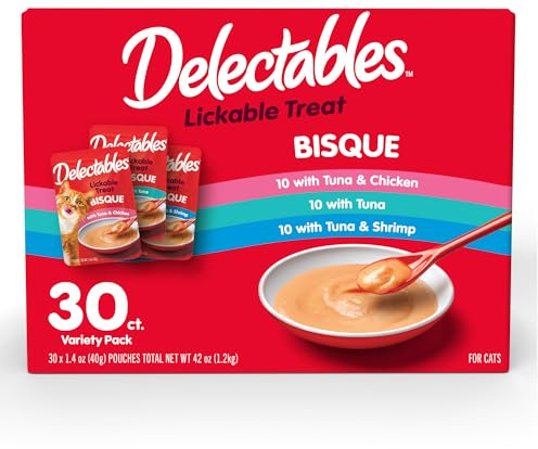 Delectables Lickable Treat Bisque Wet Cat Treat Variety Pack, Food Topper, Hydrating, Grain-Free, No Fillers, No By-Products, No Added Preservatives, 1.4oz Pouch, 30ct