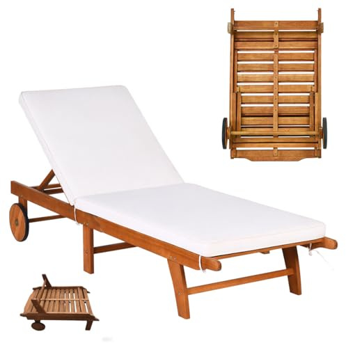 GOPLUS Bain de Soleil Pliante en Bois d'Ecualyptus, Transat Jardin Extérieur avec Dossier Réglable 6 Positions, 2 Roues, 195 x 68 x 30-90 CM, Coussin Amovible, Idéal pour Balcon, Terrasse, Piscine