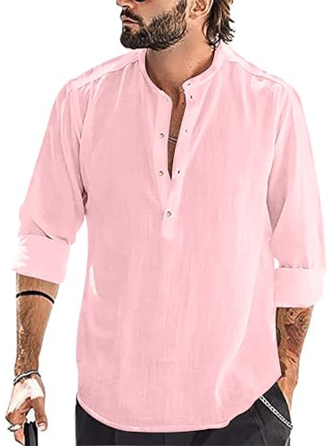 YAOBAOLE Hemd Herren Langarm Regular Fit Henley Sommerhemd Herren Freizeithemd Herren Slim Fit Pink 3XL