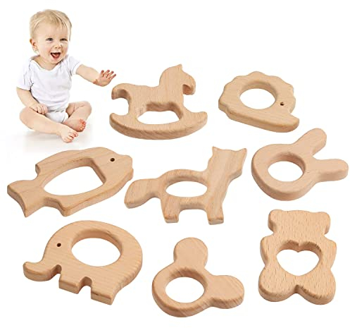 TYFYH Baby Beißring aus Holz - 8 Stück Holztiere und Holzfiguren für Natürliche Kinderpflege - Holzring für DIY Handwerk Armband