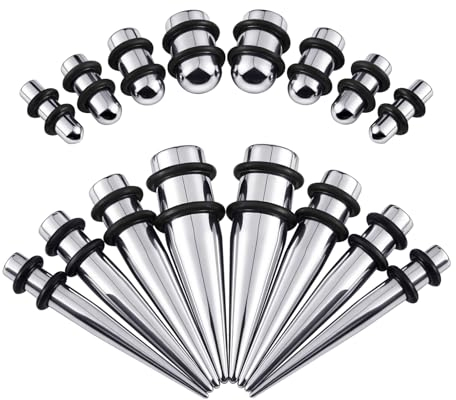 Longbeauty Edelstahl Ohr Dehnung Kit Ohrdehner Set Piercing Dehnstäbe Tapers und Plugs Dehnungsset Klassisch Silber Punk Expander, 8G/10G/12G/14G, 8 Paar