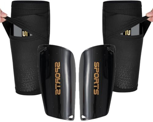 Soccer Shin Guards for Kid Youth Teen Adult - Shin Guards Sleeves with Inserted Pocket Cushion Protection Reduce Shocks and Injuries for TeamSports (Black, Medium)