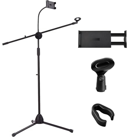 Vixzoid Mikrofonständer mit Tablet Halterung 2-in-1 Dual-Use Mikrofonständer Mikrofonhalterung höhenverstellbar von 75 bis 180 cm Dreibeiniger Mikrofonständer für Bühnentreffen Karaoke