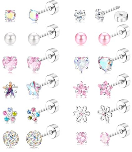 JeweBella 12/14Pairs Flat Back Earrings Stud Earrings for Women Girls Kids Surgical Steel Hypoallergenic Pearl Flower Heart CZ Cute Pink Earring Set Screw Back Sleeper Earring 20G