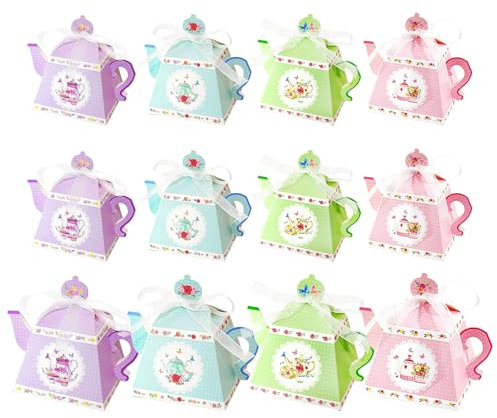 OPUHOHR 12PCS Flower Tea Party Gift boxes, Vintage Teapot Candy Boxes, Paper Candy Treat Boxes for Tea Garden Wedding Bridal Birthday Baby Shower