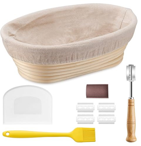 HaWare Cestino per la lievitazione, 25 cm, ovale, set con fodera, coltello da panetteria, raschietto per pasta e pennello da forno, cestino per il pane per la casa e i professionisti, sano e non