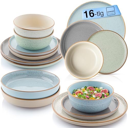 SÄNGER Rio | Tafelservice 16 teilig, Steingut Geschirr Set 4 Personen, 4x Teller 4x Frühstücksteller 4x Tiefe Teller 4x Pastaschalen Geschirrset und Schale, erweiterbar | VALUE COLLECTION