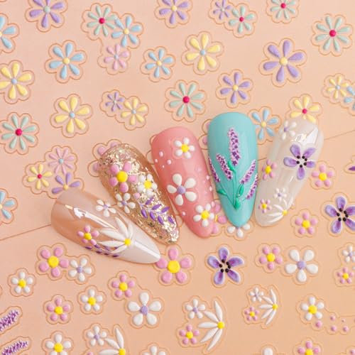EBANKU 2 Fogli Fiori Adesivi Unghie Nail Art Stickers, 5D Fiori Primaverili Estivi Multicolori Autoadesivi Decorazioni Unghie Nail Art Disegni con Pinzette