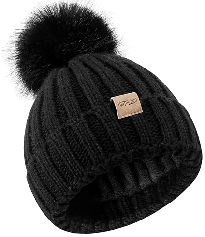 Children's Winter Warm Pompom Hat Fleece Lined Knit Beanie for Kids Aged 3-9, Perfect for Boys and Girls Black