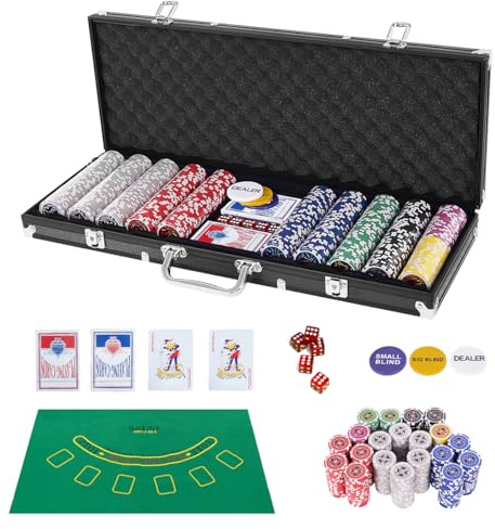 HOMASIS Set da Poker con 500 Fiches, Valigetta da Poker con 2 Mazzi di Carte, 5 Dadi, 3 Bottone del Mazziere e Tappetino da Poker, Fiches da Gioco per Feste, Texas (Nero)
