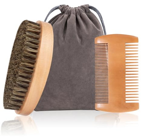 Bartkamm Wildschweinborsten Bartbürste und Doppelseitig Holz Comb Bartpflege Set mit Aufbewahrungstasche für Heimat Reisen 3Pcs