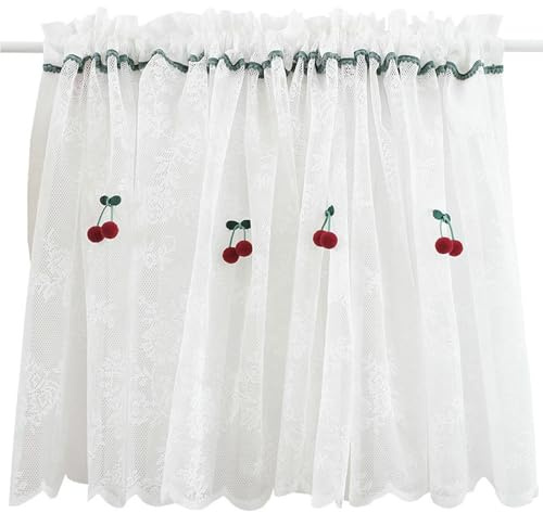 Tolldek 1-pack skivgardiner, halvtransparent, H 110 x B 140 cm, spets med körsbärsmönster, skivgardin, boho, med hällor för ficka, polyester, halvtransparenta gardiner, badrum, fönstergardiner, vit