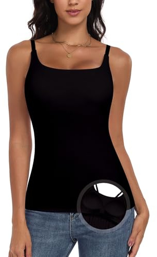 WOWENY Top tirantes espaguetis mujer camiseta interior camisola sin mangas con sujetador integrado Summer Basic Tops Bra Camisas, Negro , XL