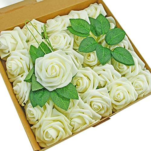 Mandy's 25pcs Ivory PE Foam Roses in Elegant Gift Packaging for Easter– Artificial Rose Heads for Wedding Centerpieces, Bouquets, DIY Floral Crafts, Bridesmaid Gifts