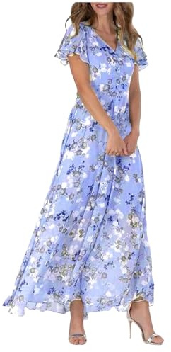 Robe d'été pour femme - Robe longue - En mousseline de soie - Fleurs - Manches courtes - Volants - Col en V - Mode - Taille fluide, lilas, XXL
