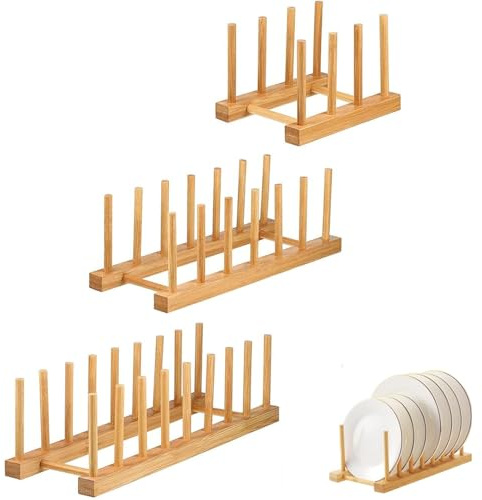 Lansls 3 Pzs Soporte para Platos De Cocina Rack De Almacenamiento De Bambú Soporte De Plato Estante De Goteo para Platos, Tazas, CD, Copa De Vino, Reservar