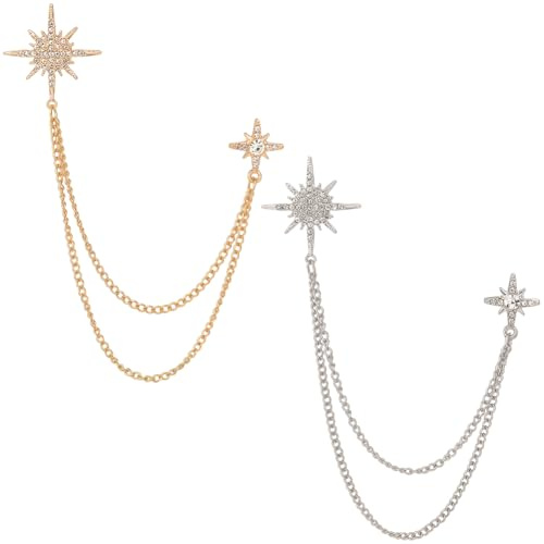 CABODYALS 2 Broche de Cadena Colgante de 2 Colores Dorado Y Plateado con Diamantes de Imitación Y Estrella de Cristal, de Aleación de Metal, con Borlas para Solapa, para Mujer, Hombre, Ropa, Vestido,