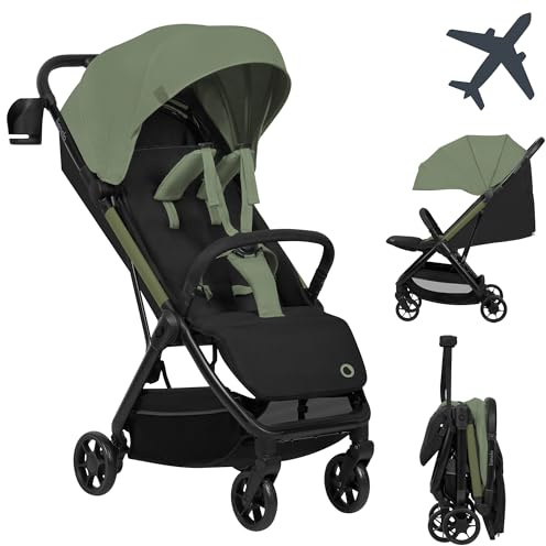 Lionelo Julie Air Buggy Lätt 7,5 kg, Ultrakompakt Handbagage, Auto-Folding | Automatisk Hopfällning, Axelrem, Plant Liggläge 83 cm, Fjädring, UPF 50+ XXL Kapell, (upp till 22 kg, från 6 mån)