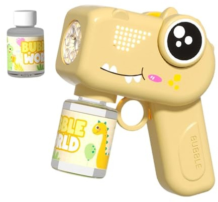 Pistola Pompas Dinosaurio – Máquina Automática Burbujas | Eléctrico con Luces | De Mano, 5000+ Burbujas/min, 75ml Solución, para Pequeños, Niños, Niñas, Regalo Cumpleaños, Interior/Exterior, V