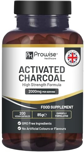 Activated Charcoal Capsules - 200 High Strength Vegan Capsules- 2000mg per Serving I Made in the UK by Prowise Healthcare