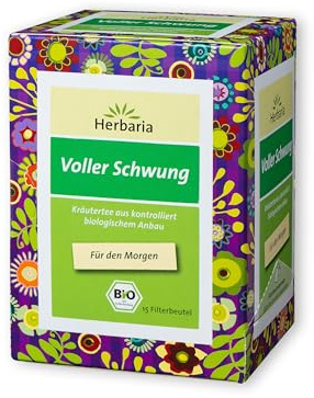 Herbaria Voller Schwung Tee bio 15FB – 100% Bio-Kräutertee im Filterbeutel – belebende Kräuterteemischung mit Mate und Grün Tee, ideal für den Morgen – natürlich wohltuender Teegenuss