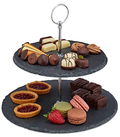 Relaxdays 2X Alzata in Ardesia, 2 Piatti per Dolci, Snack & Frutta, Centrotavola con Manico in Metallo, Antracite Argento