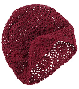 VGOL Bonnet Chapeau Fait Main Femme en Coton Bourgogne Tricot Découpe Vintage Floral Crochets Crâne Cap Filles pour 52-58cm Tour de Tête Printemps Été Automne