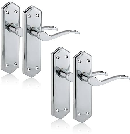 XFORT Chrome Elegance Range Polished Chrome London Suite Lever Latch Handles, Polished Chrome Long Backplate Door Handles, Contemporary Design for Internal Wooden Doors (2 Pairs)