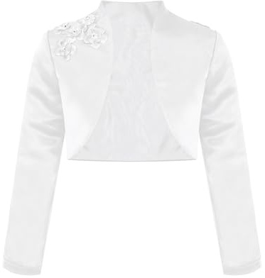 Jugaoge Girls Satin Cardigan Sweaters Bolero Festive Kids Shoulder Jacket for Communion Dress White 9-10 Years